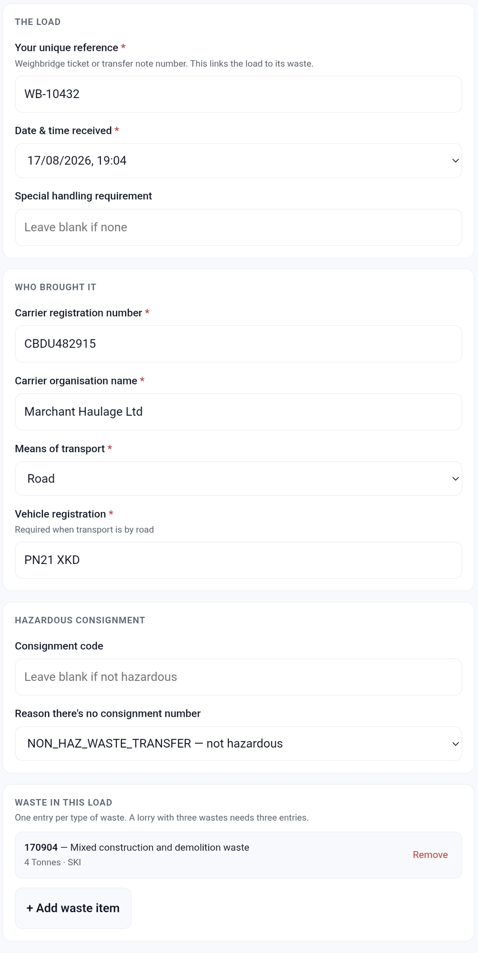 Logging a load at the gate on a phone: reference, date and time received, carrier details and waste items