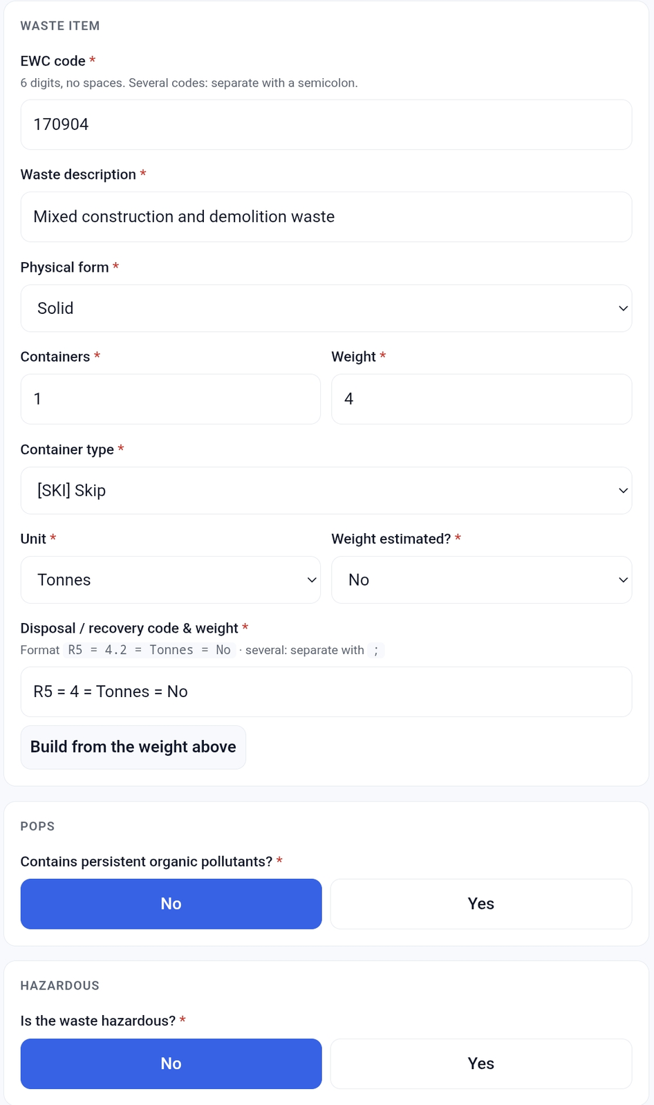 One waste type within a load: EWC code, description, physical form, containers, weight and disposal code